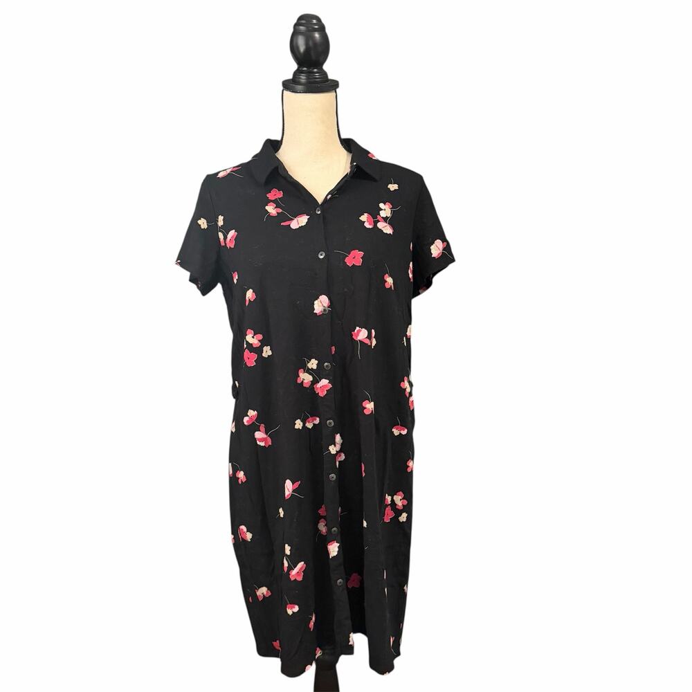 J. Jill Womens Pima Cotton Blend Black Floral Pockets Shirt Dress Sz MP Feminine - Picture 2 of 4